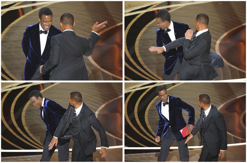 &copy; Reuters. Imagen combinada que muestra a Will Smith golpeando a Chris Rock mientras éste hablaba en el escenario durante la 94ª edición de los Premios de la Academia en Hollywood, Los Ángeles, California, Estados Unidos. 27 de marzo de 2022. REUTERS/Brian Snyde