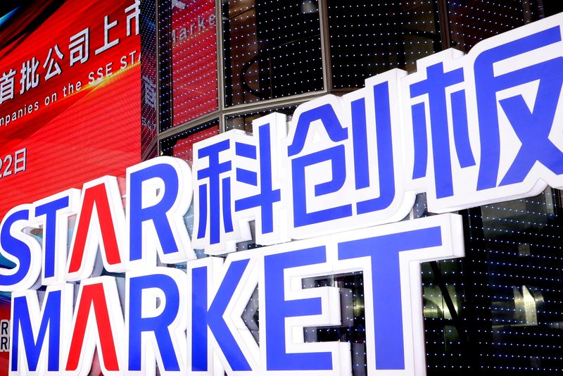 &copy; Reuters. FILE PHOTO: A sign for STAR Market, China's new Nasdaq-style tech board, is seen before the listing ceremony of the first batch of companies at Shanghai Stock Exchange (SSE) in Shanghai, China July 22, 2019.  REUTERS/Stringer 