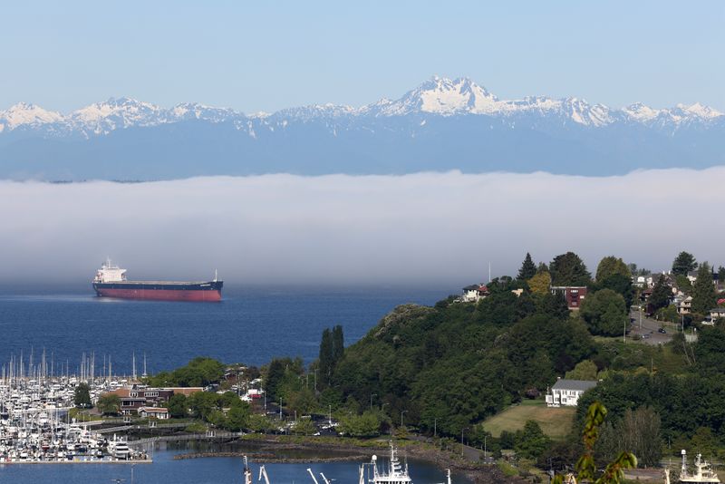 &copy; Reuters. FILE PHOTO: Residential homes in the Magnolia neighborhood are visible under the backdrop of the Olympic Mountains and low fog over Smith Cove in Seattle, Washington, U.S. May 14, 2021.   REUTERS/Karen Ducey