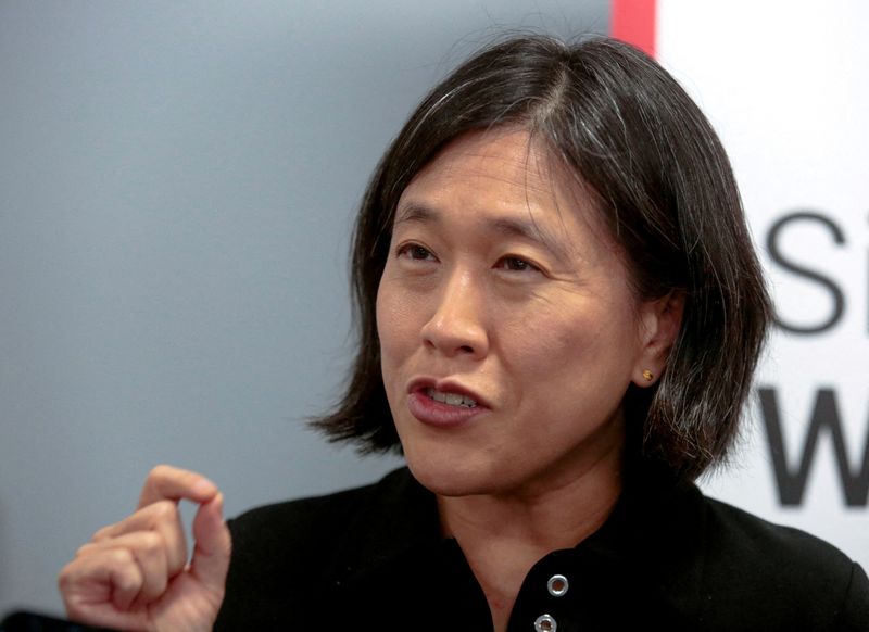 &copy; Reuters. FILE PHOTO: U.S. Trade Representative Ambassador Katherine Tai speaks to members of the media following a tour of a silicon wafer plant being expanded by South Korean semiconductor manufacturer SK Siltron CSS, in Bay City, Michigan, U.S., March 16, 2022. 