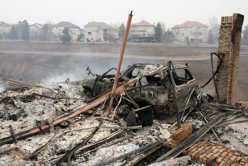 &copy; Reuters. FILE PHOTO: A view shows remains of a building and a car damaged by wildfires, a day after evacuation orders, in Superior, Colorado, U.S. December 31, 2021. REUTERS/Kevin Mohatt