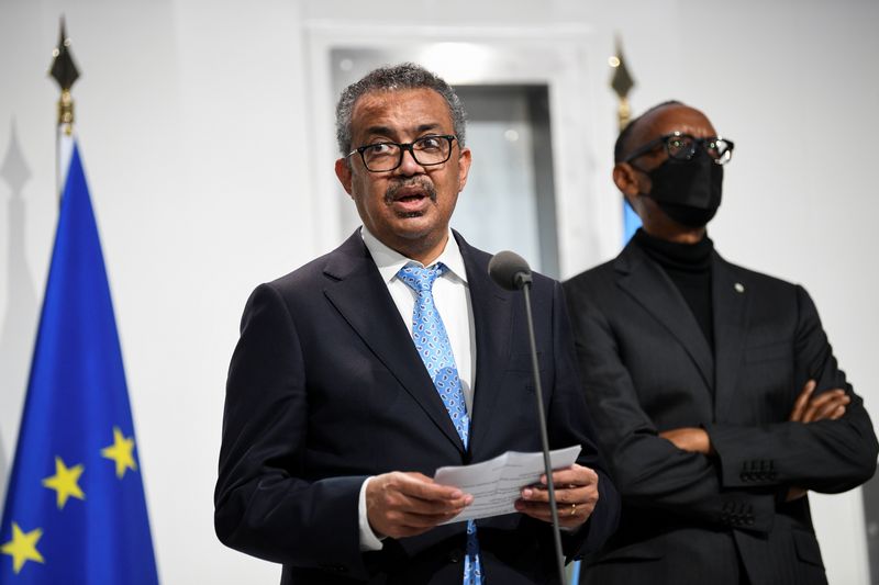 &copy; Reuters. World Health Organization Tedros Adhanom Ghebreyesus speaks in front of so-called "BioNTainer", a system to produce vaccines in Africa, during a presentation in Marburg, Germany, February 16, 2022. REUTERS/Fabian Bimmer