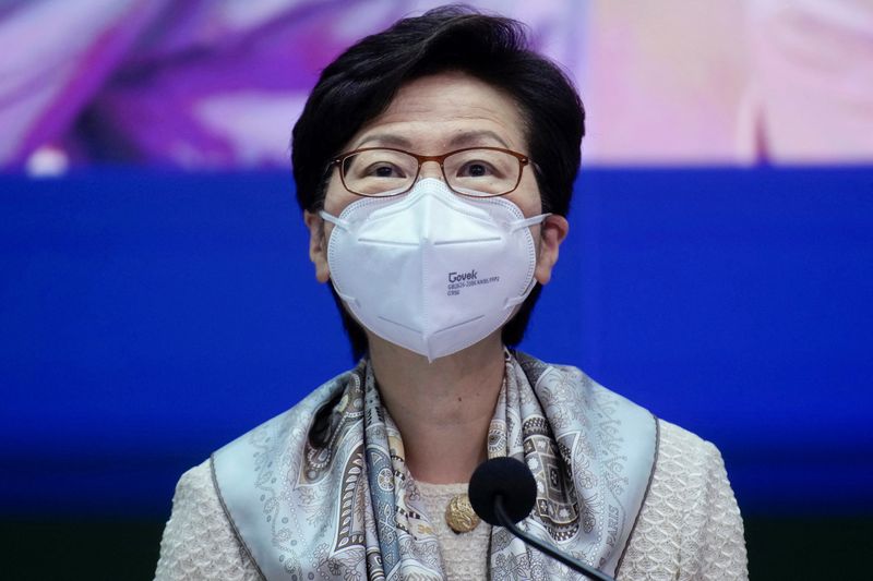 &copy; Reuters. FILE PHOTO: Hong Kong Chief Executive Carrie Lam listens to reporters' questions during a news conference in Hong Kong, China, March 21, 2022. Vincent Yu/Pool via REUTERS