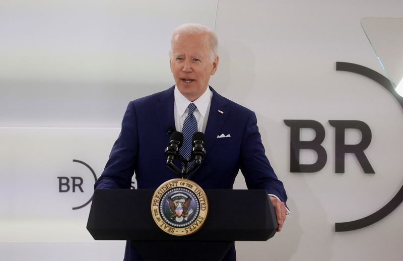 &copy; Reuters. FILE PHOTO: U.S. President Joe Biden discusses the United States' response to Russian invasion of Ukraine and warns CEOs about potential cyber attacks from Russia at Business Roundtable's CEO Quarterly Meeting in Washington, DC, U.S., March 21, 2022. REUT