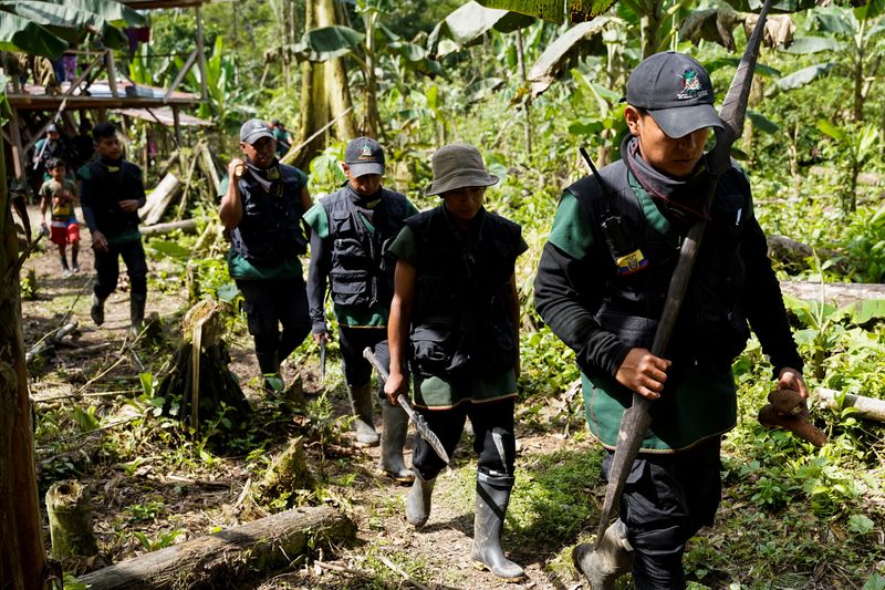 © Reuters. Miembros de la comunidad  A'i Cofan caminan para recolectar plantas de yuca cerca de los bancos del Río Aguarico en el Amazonas de Ecuador, 5 de marzo del 2022. REUTERS/Johanna Alarcon
