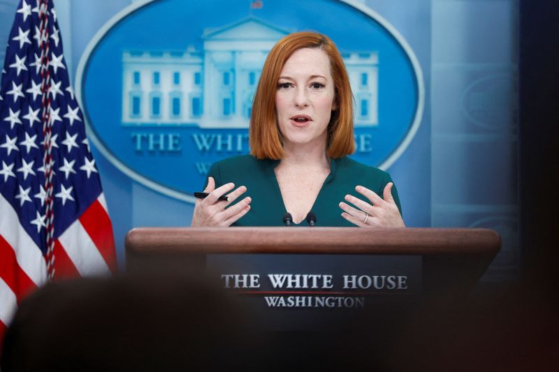 &copy; Reuters. FILE PHOTO: White House Press Secretary Jen Psaki holds the daily press briefing at the White House in Washington, U.S. March 10, 2022.  REUTERS/Jonathan Ernst/File Photo