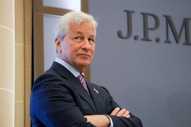 &copy; Reuters. FILE PHOTO: JP Morgan CEO Jamie Dimon looks on during the inauguration the new French headquarters of JP Morgan bank in Paris, France June 29, 2021.  Michel Euler/Pool via REUTERS