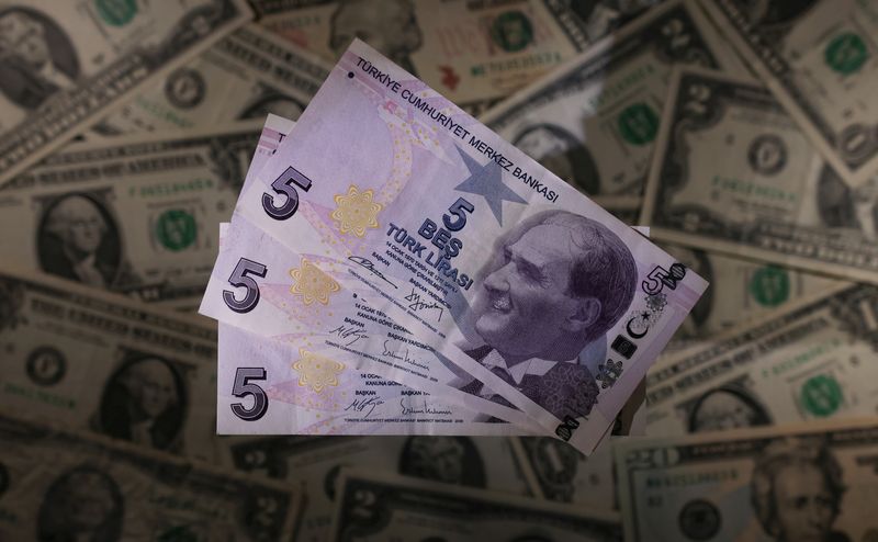 &copy; Reuters. أوراق نقدية من عملة الليرة التركية على أوراق نقدية بالدولار الأمريكي في صورة توضيحية من أرشيف رويترز.