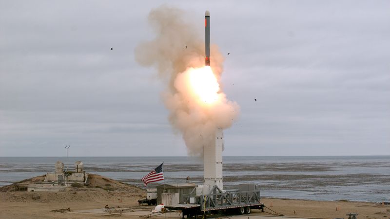 &copy; Reuters. FILE PHOTO: A view of a test missile launch as the Defense Department conducts a flight test of a conventionally configured ground-launched cruise missile at San Nicolas Island, California, U.S., August 18, 2019. Scott Howe/Department of Defense/Handout v