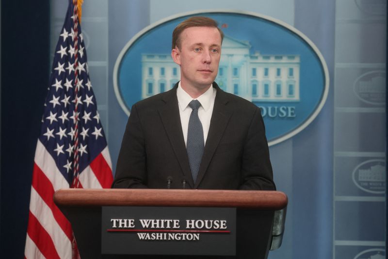 &copy; Reuters. FILE PHOTO: U.S. National Security Advisor Jake Sullivan speaks to the media about the war in Ukraine and other topics at the White House in Washington, U.S., March 22, 2022. REUTERS/Leah Millis