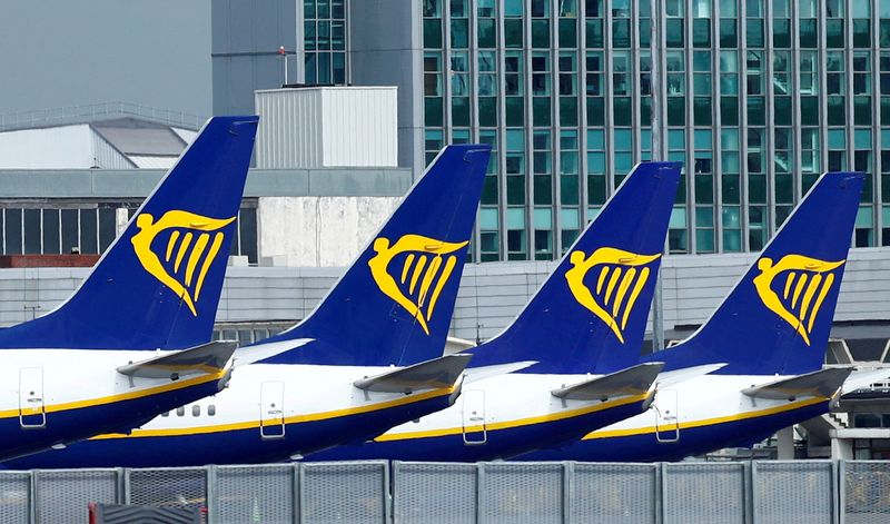&copy; Reuters. FILE PHOTO: Ryanair planes are seen at Dublin Airport, following the outbreak of the coronavirus disease (COVID-19), Dublin, Ireland, May 1, 2020. REUTERS/Jason Cairnduff/
