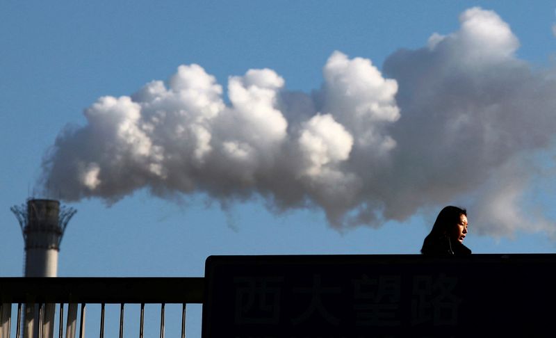 &copy; Reuters. Una donna su un ponte a Pechino davanti a un camino di una centrale a carbone..  REUTERS/David Gray/