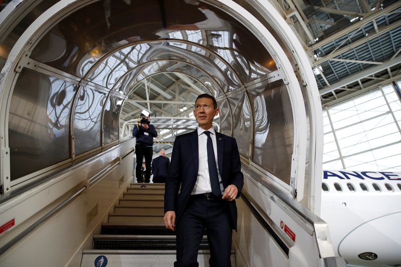 &copy; Reuters. Benjamin Smith, Chief Executive Officer of Air France-KLM, leaves after a visit inside the first Air France airliner's Airbus A220 during a ceremony in the Air France hangar at Paris Charles de Gaulle airport in Roissy near Paris, France, September 29, 20