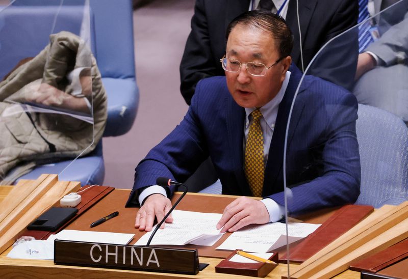 &copy; Reuters. تشانغ جون سفير الصين لدى الأمم المتحدة يتحدث أمام مجلس الأمن في نيويورك يوم 14 مارس آذار 2022. تصوير: اندرو كيلي - رويترز.