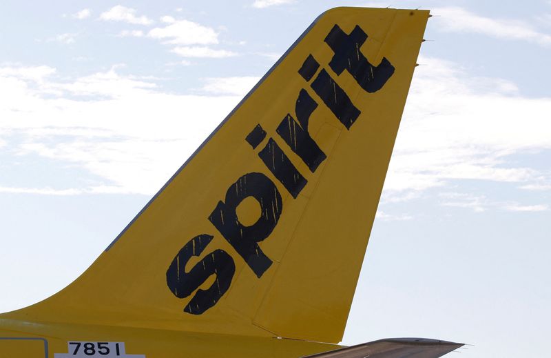 &copy; Reuters. FILE PHOTO: A logo of low cost carrier Spirit Airlines is pictured on an Airbus plane in Colomiers near Toulouse, France, November 6, 2018. REUTERS/Regis Duvignau/File Photo