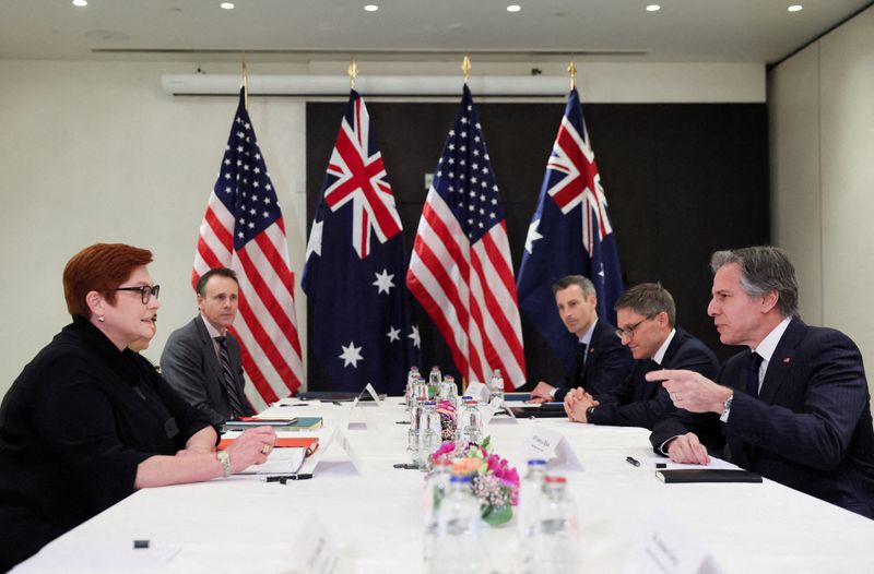 &copy; Reuters. U.S. Secretary of State Antony Blinken meets Australian Foreign Minister Marise Payne, next to Australian advisor Mikaela James, U.S. State Department Counselor Derek Chollet and U.S. State Department spokesperson Ned Price, at The Hotel Brussels, in Brus