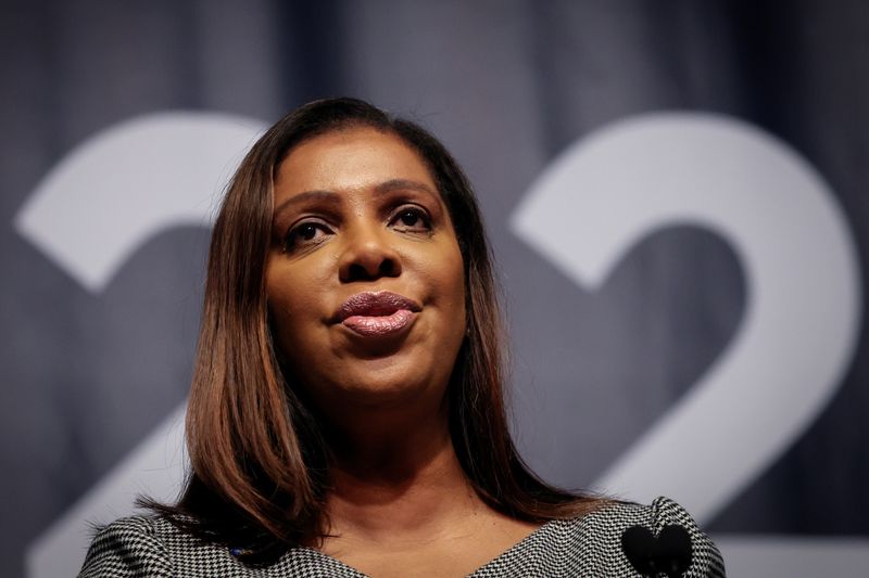 &copy; Reuters. FILE PHOTO: New York Attorney General Letitia James delivers remarks at the New York Democratic party 2022 State Nominating Convention in Manhattan, New York City, U.S., February 17, 2022. REUTERS/Mike Segar