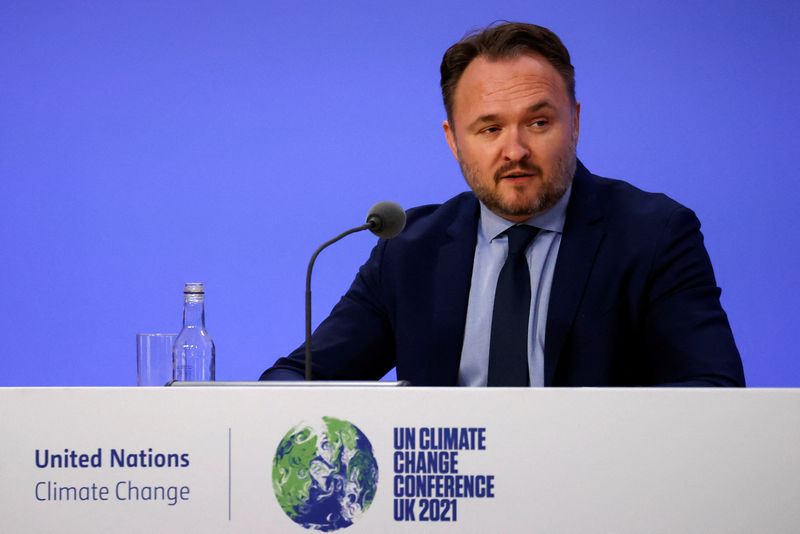 &copy; Reuters. FILE PHOTO: Denmark's climate minister, Dan Jorgensen, speaks during the UN Climate Change Conference (COP26) in Glasgow, Scotland, Britain, November 11, 2021. REUTERS/Phil Noble/File Photo