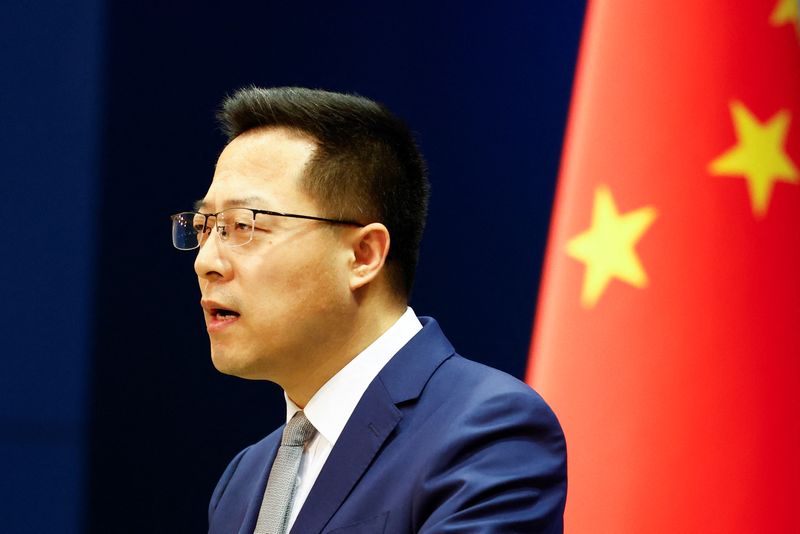 &copy; Reuters. FILE PHOTO: China's foreign ministry spokesperson Zhao Lijian speaks during a news conference in Beijing, China March 18, 2022. REUTERS/Carlos Garcia Rawlins