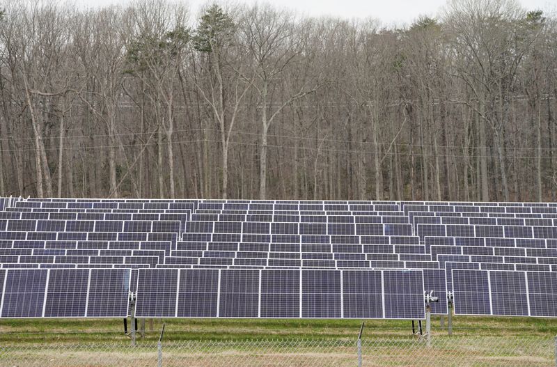 © Reuters. Solar panels facing the sun are seen in the Spotsylvania Solar Energy Center, the largest solar project east of the Rockies, in Locust Grove, Virginia, U.S. April 4, 2022.  REUTERS/Kevin Lamarque
