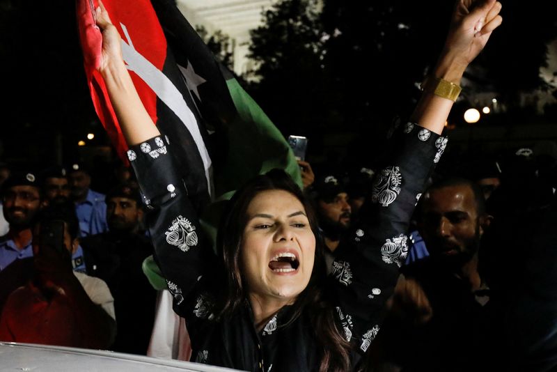 © Reuters. A supporter of the Pakistan People's Party (PPP) celebrates outside the Supreme Court of Pakistan in Islamabad, Pakistan April 7, 2022. REUTERS/Akhtar Soomro