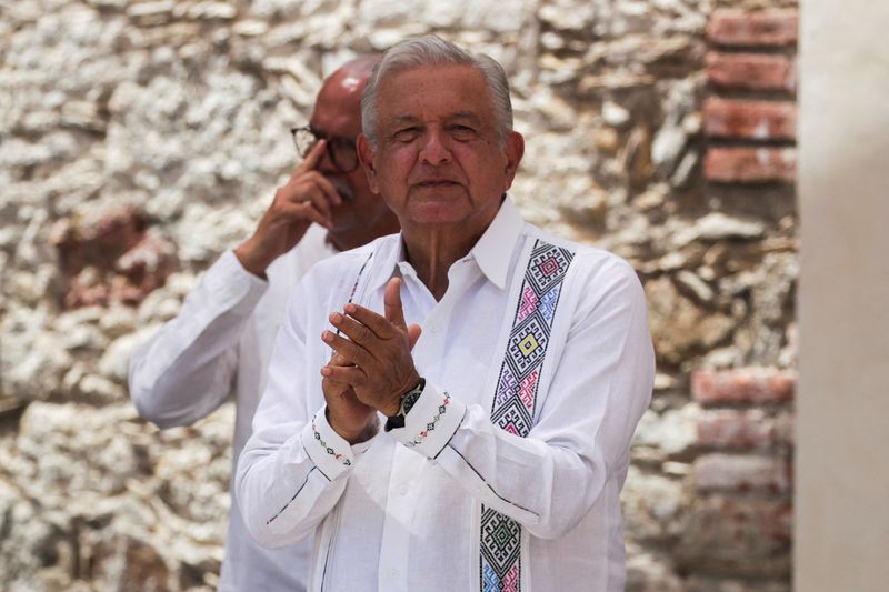 &copy; Reuters. Mexico's President Andres Manuel Lopez Obrador applauds during a visit of work about the construction of the new Museum of Islas Marias, an educational tourist attraction in what once was the last island-prison, in Isla Maria Madre, Mexico April 9, 2022. 