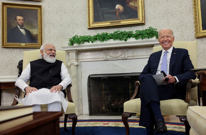 &copy; Reuters. الرئيس الأمريكي جو بايدن ورئيس الوزراء الهندي ناريندرا مودي في البيت الأبيض يوم 24 سبتمبر 2021. تصوير: إيفلين هوكستين-رويترز.