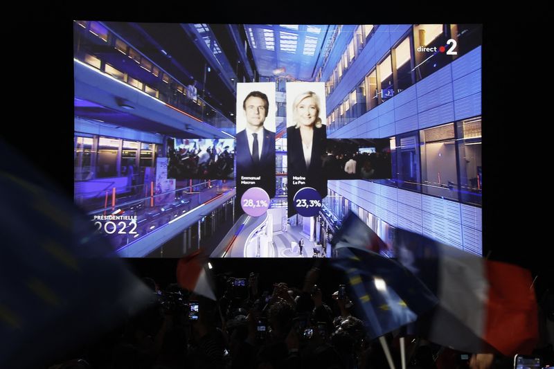 &copy; Reuters. FILE PHOTO: Supporters of French President Emmanuel Macron, candidate for his re-election, react after early results in the first round of the 2022 French presidential election, in Paris, France April 10, 2022. REUTERS/Benoit Tessier