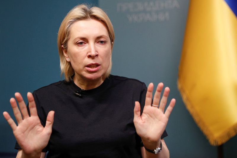 &copy; Reuters. Ukraine's Deputy Prime Minister Iryna Vereshchuk, in charge of negotiating prisoner swaps and humanitarian corridors with Russia, speaks during an interview with Reuters in Kyiv, Ukraine April 11, 2022.  REUTERS/Valentyn Ogirenko