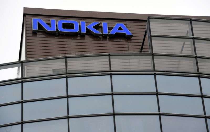 © Reuters. FILE PHOTO: A view of the logo at the headquarters of the Finnish telecoms company Nokia in Espoo, Finland March 16, 2021.  Lehtikuva/Heikki Saukkomaa via REUTERS      