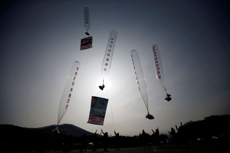 &copy; Reuters. FILE PHOTO: Former North Korean defectors living in South Korea, release balloons containing one dollar banknotes, radios, CDs and leaflets denouncing the North Korean regime, towards the north near the demilitarized zone which separates the two Koreas in