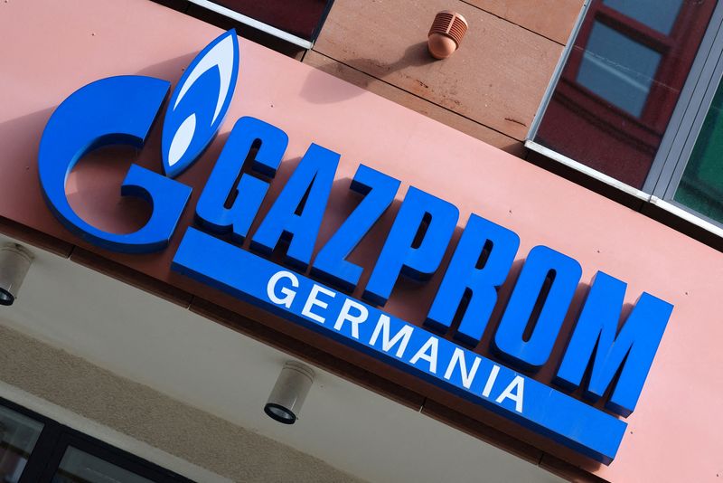 &copy; Reuters. FILE PHOTO: The logo of Gazprom Germania is pictured at their headquarters, in Berlin, Germany April 1, 2022. REUTERS/Fabrizio Bensch