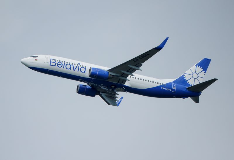 &copy; Reuters. FILE PHOTO: A Boeing 737-800 plane of Belarusian state carrier Belavia takes off at the Domodedovo Airport outside Moscow, Russia May 28, 2021.  REUTERS/Maxim Shemetov/File Photo