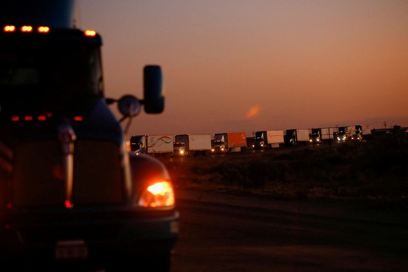 &copy; Reuters. FILE PHOTO: Trucks wait in a queue to cross into the United States in the Jeronimo-Santa Teresa International Bridge connecting the city of Ciudad Juarez to Santa Teresa, Nuevo Mexico, after Texas Governor, Greg Abbott announced that traffic commercial tr