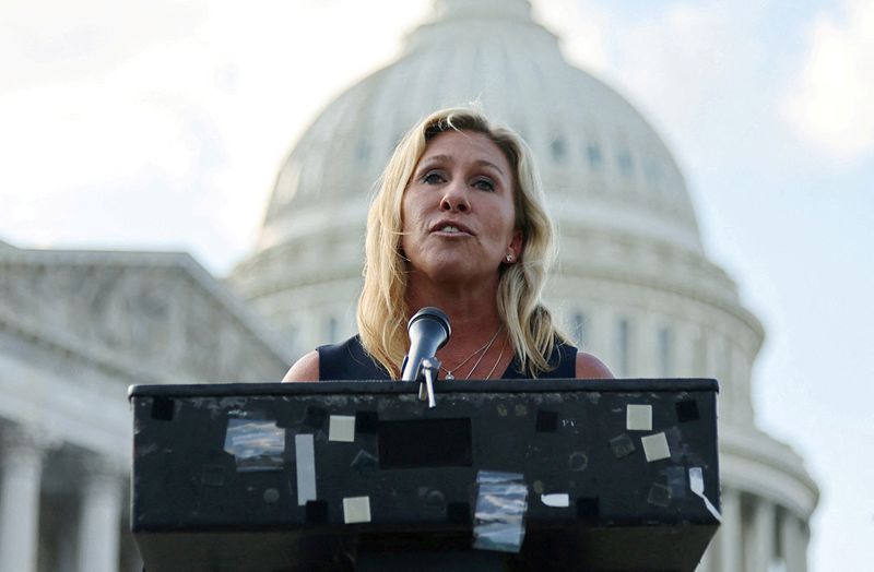 &copy; Reuters. FILE PHOTO: Representative Marjorie Taylor Greene (R-GA) holds a press conference outside the U.S. Capitol following a private visit to the Holocaust Museum, to express contrition for previous remarks about Jewish people, in Washington, U.S. June 14, 2021