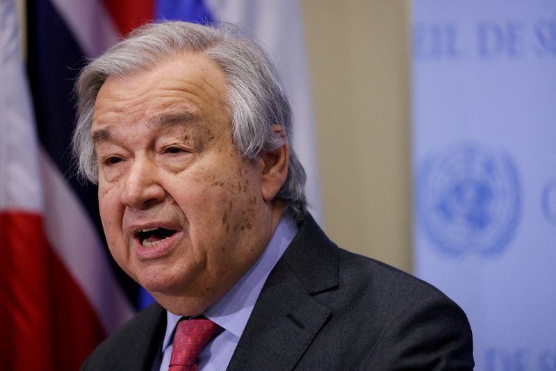 &copy; Reuters. FILE PHOTO: United Nations Secretary-General Antonio Guterres speaks to the media regarding Russia's invasion of Ukraine, at the United Nations Headquarters in New York City, U.S., March 14, 2022. REUTERS/Andrew Kelly/File Photo