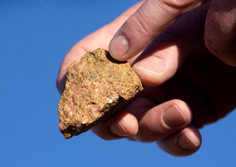 &copy; Reuters. FILE PHOTO: A piece of bastnasite ore, which contains rare earth elements, is shown by Brock O'Kelly from Molycorp Minerals Mountain pass Mine in Mountain Pass, Califonia August 19, 2009.   REUTERS/David Becker