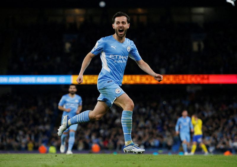 &copy; Reuters. Bernardo Silva comemora gol em vitória do Manchester City contra o Brighton
20/04/2022
REUTERS/Craig Brough