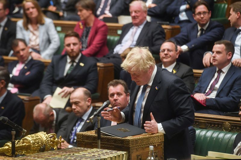 &copy; Reuters. British Prime Minister Boris Johnson speaks at the House of Commons, in London, Britain, April 19, 2022. UK Parliament/Jessica Taylor/Handout via REUTERS   