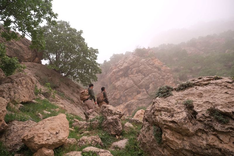 &copy; Reuters. شقيقان متخصصان في البيئة  يتسلقان جبل بامو بإقليم كردستان العراق لتثبيت كاميرات لالتقاط  صور للفهود الفارسية في محافظة السليمانية يوم 9 أبر