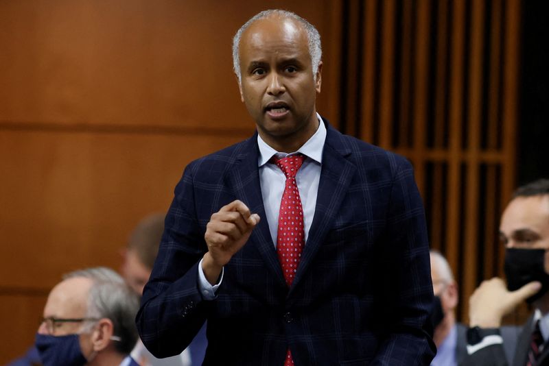 &copy; Reuters. FILE PHOTO: Canada's Minister of Housing, Diversity, and Inclusion Ahmed Hussen speaks during Question Period in the House of Commons on Parliament Hill in Ottawa, Ontario, Canada November 30, 2021. REUTERS/Blair Gable