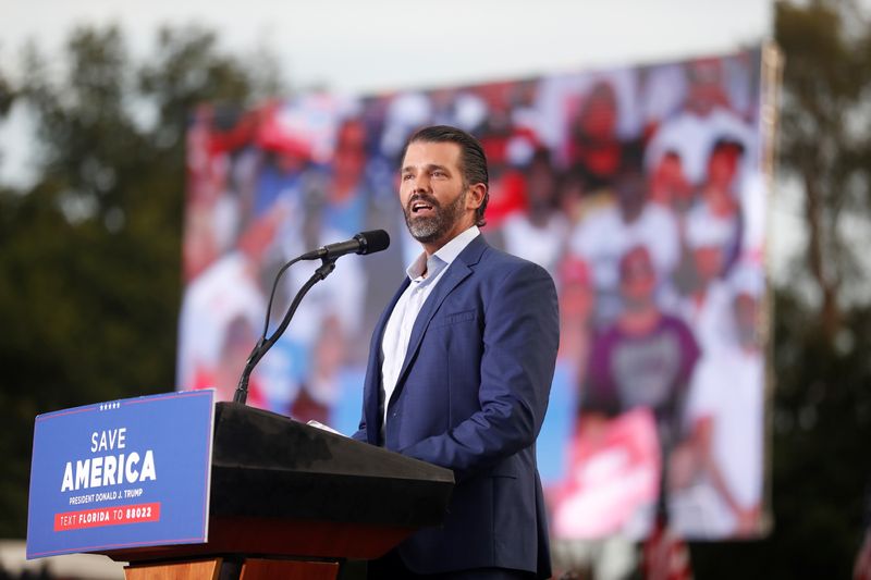 &copy; Reuters. FILE PHOTO: Donald Trump Jr. speaks to his father's supporters during the Save America rally at the Sarasota Fairgrounds in Sarasota, Florida, on July 3, 2021. REUTERS/Octavio Jones/File Photo