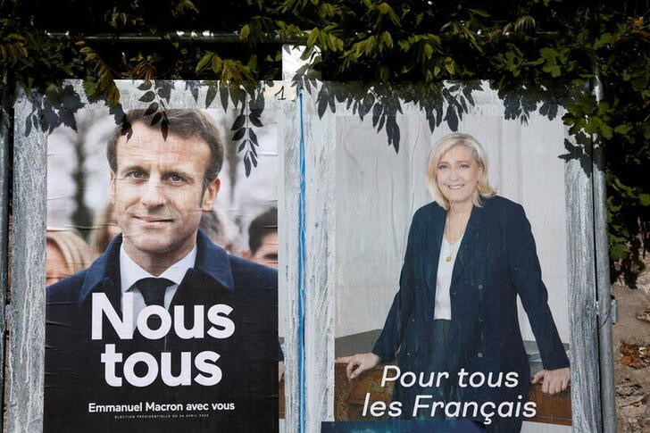 &copy; Reuters. 　２４日に行われるフランス大統領選決選投票が迫る中で、現職のエマニュエル・マクロン大統領が極右のマリーヌ・ルペン氏に対する優位を維持、もしくはやや拡大している。２１日に公