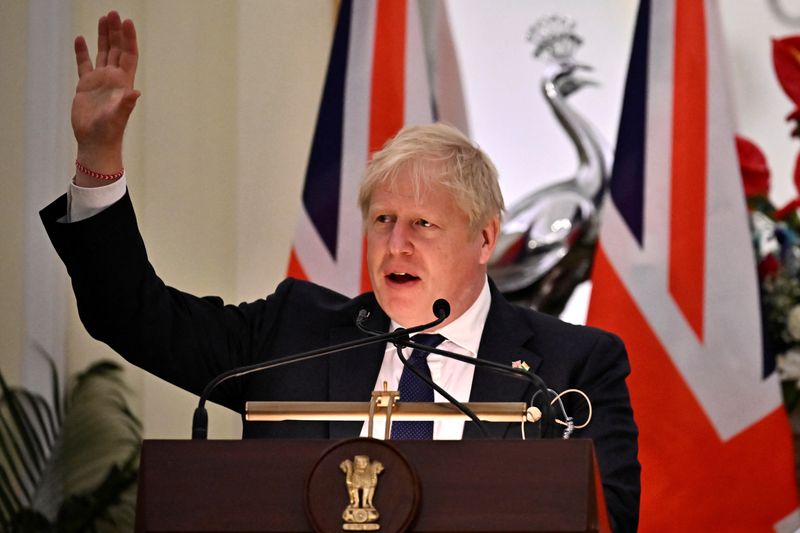 &copy; Reuters. British Prime Minister Boris Johnson gestures as he speaks during a joint press briefing with his Indian counterpart Narendra Modi at the Hyderabad House in New Delhi, India, April 22, 2022. Ben Stansall/Pool via REUTERS
