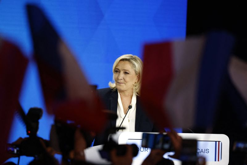 &copy; Reuters. Le Pen fala a apoiadores após pesquisas indicarem sua derrota em eleições presidenciais
24/04/2022
REUTERS/Darrin Zammit Lupi