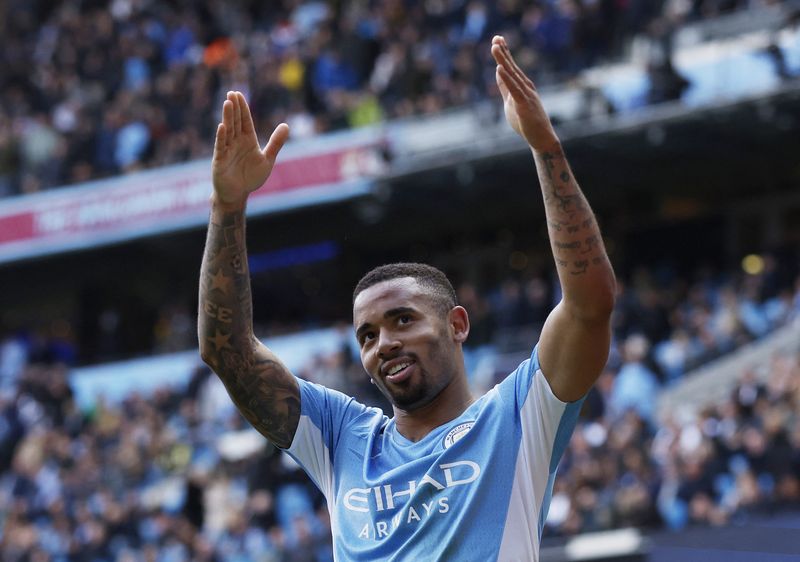 &copy; Reuters. Gabriel Jesus comemora gol marcado pelo Manchester City na vitória sobre o Watford pelo Campeonato Inglês
23/04/2022 Action Images via Reuters/Jason Cairnduff