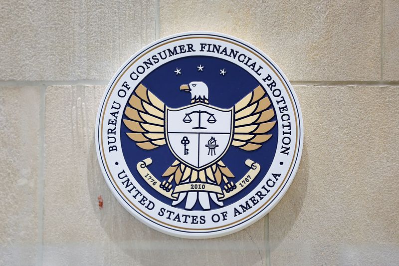 &copy; Reuters. FILE PHOTO: The seal of the Consumer Financial Protection Bureau (CFPB) is seen at their headquarters in Washington, D.C., U.S., May 14, 2021. REUTERS/Andrew Kelly