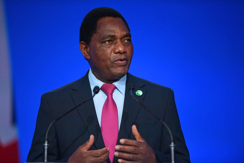 &copy; Reuters. FILE PHOTO: Zambia's President Hakainde Hichilema presents his national statement as a part of the World Leaders' Summit at the UN Climate Change Conference (COP26) in Glasgow, Scotland, Britain November 1, 2021. Andy Buchanan/Pool via REUTERS