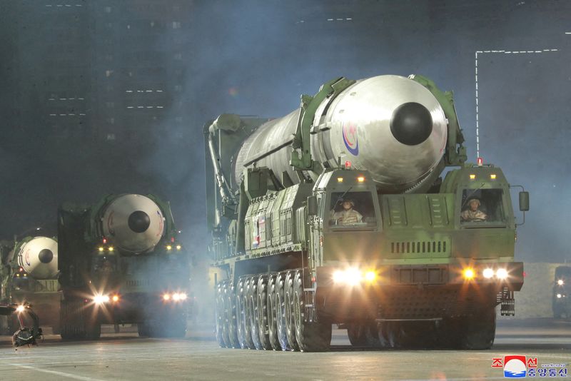 &copy; Reuters. Hwasong-17 intercontinental ballistic missiles take part in a nighttime military parade to mark the 90th anniversary of the founding of the Korean People's Revolutionary Army in Pyongyang, North Korea, in this undated photo released by North Korea's Korea