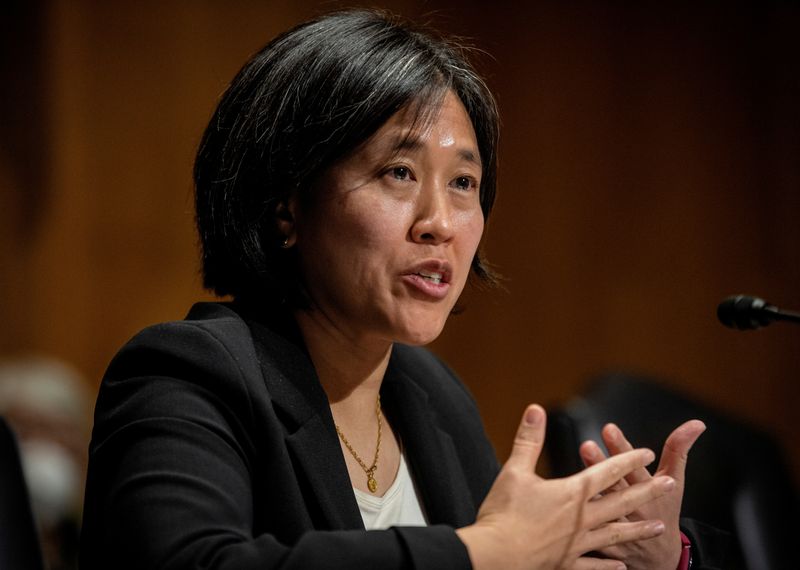 &copy; Reuters. FILE PHOTO: Katherine C. Tai addresses the Senate Finance committee hearings to examine her nomination to be United States Trade Representative, with the rank of Ambassador, in Washington, DC February 25, 2021. Bill O'Leary/Pool via REUTERS/File Photo